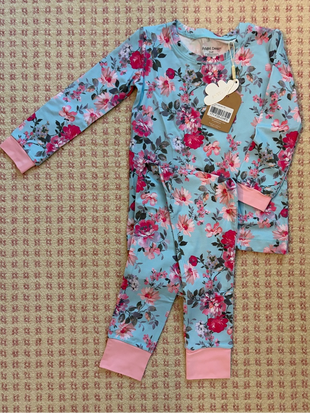 Angel Dear Blue Floral Pajama Set with Pink Cuffs